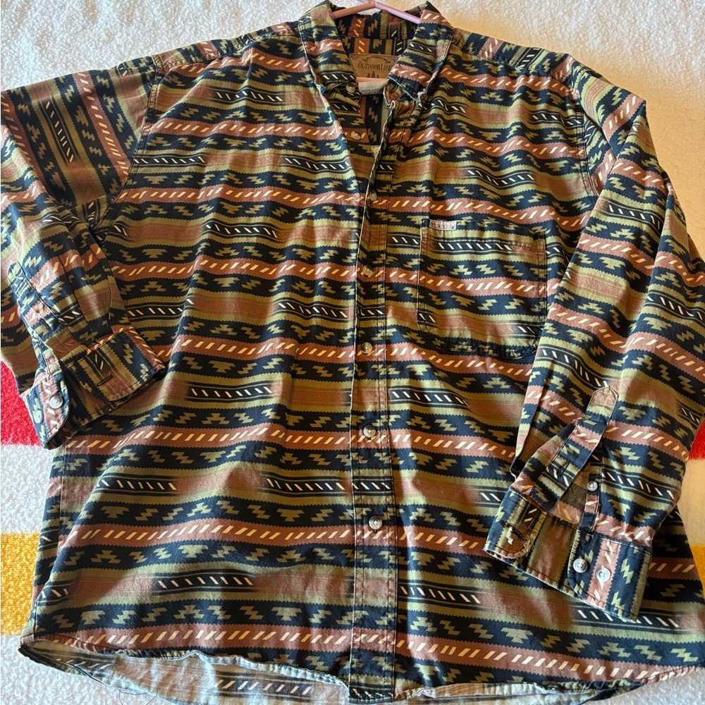 Southwestern Stripe Button-Up Shirt in Olive & Rust